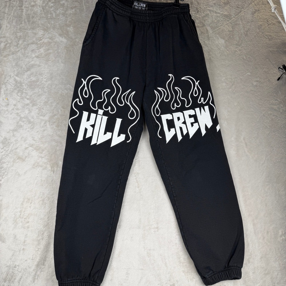 Kill Crew Mens Black Flame Graphic Jogger Sweatpants XS Streetwear Gym Fleece